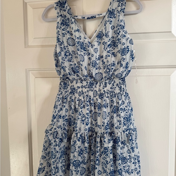 Floral Blue and White Sleeveless Dress - Picture 2 of 3